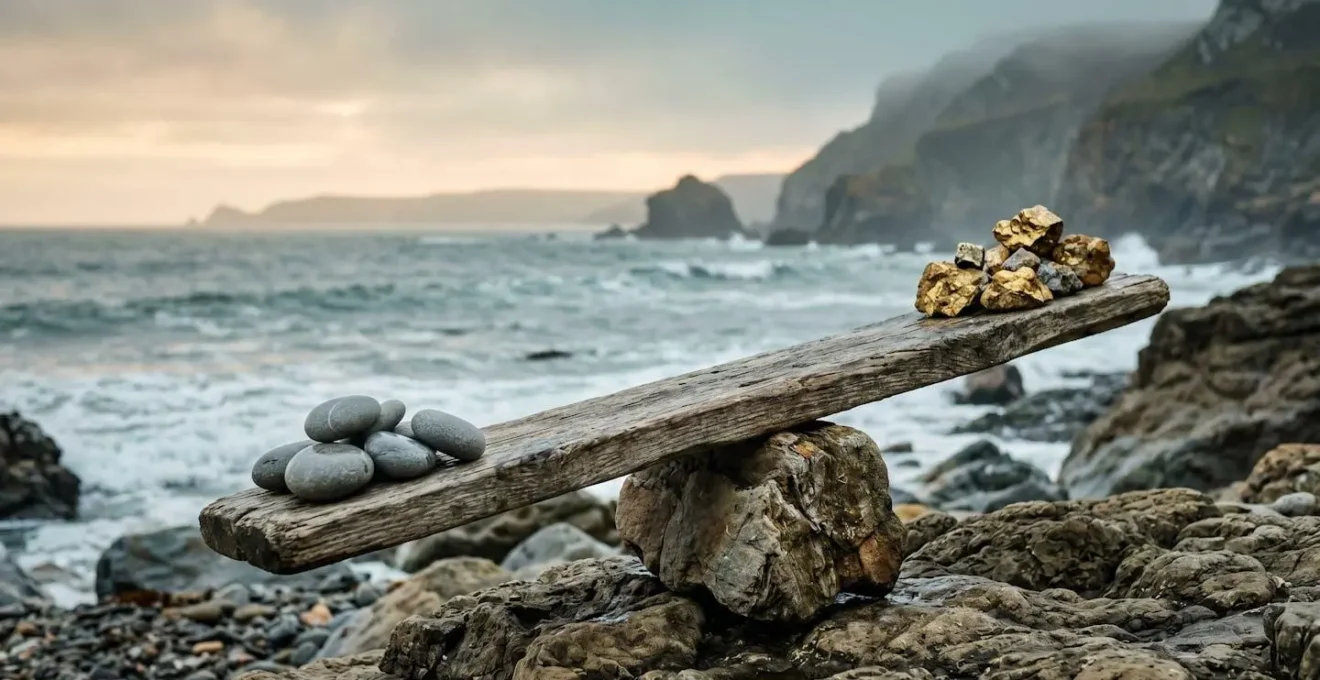 Professional conceptual image representing the tension between caution and growth in retirement investing decisions