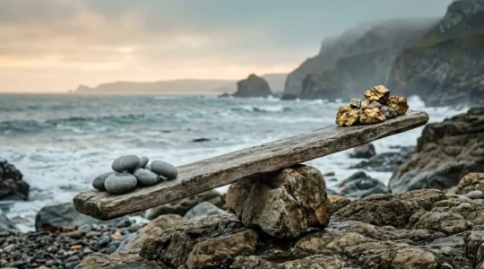 Professional conceptual image representing the tension between caution and growth in retirement investing decisions