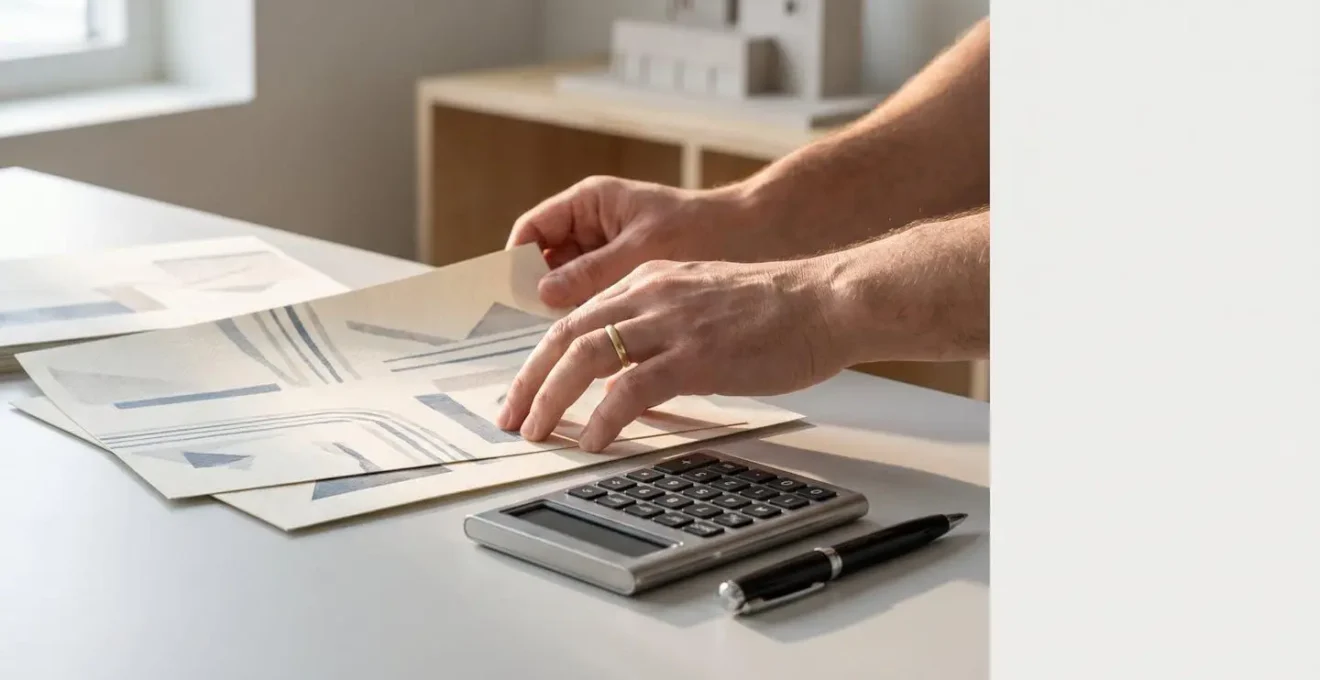 Professional editorial photograph showing a confident professional's hands reviewing financial documents on a minimalist desk with a calculator and pen, symbolizing strong credit profile management and banking approval readiness
