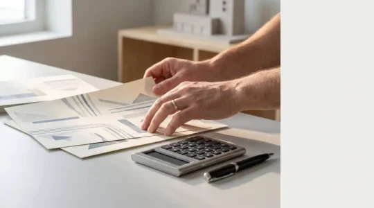 Professional editorial photograph showing a confident professional's hands reviewing financial documents on a minimalist desk with a calculator and pen, symbolizing strong credit profile management and banking approval readiness