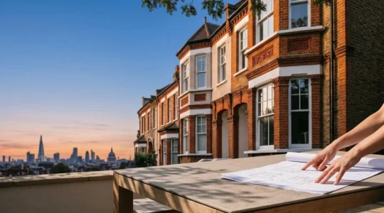 Strategic UK property investment featuring negotiation and financial documentation concept in editorial style