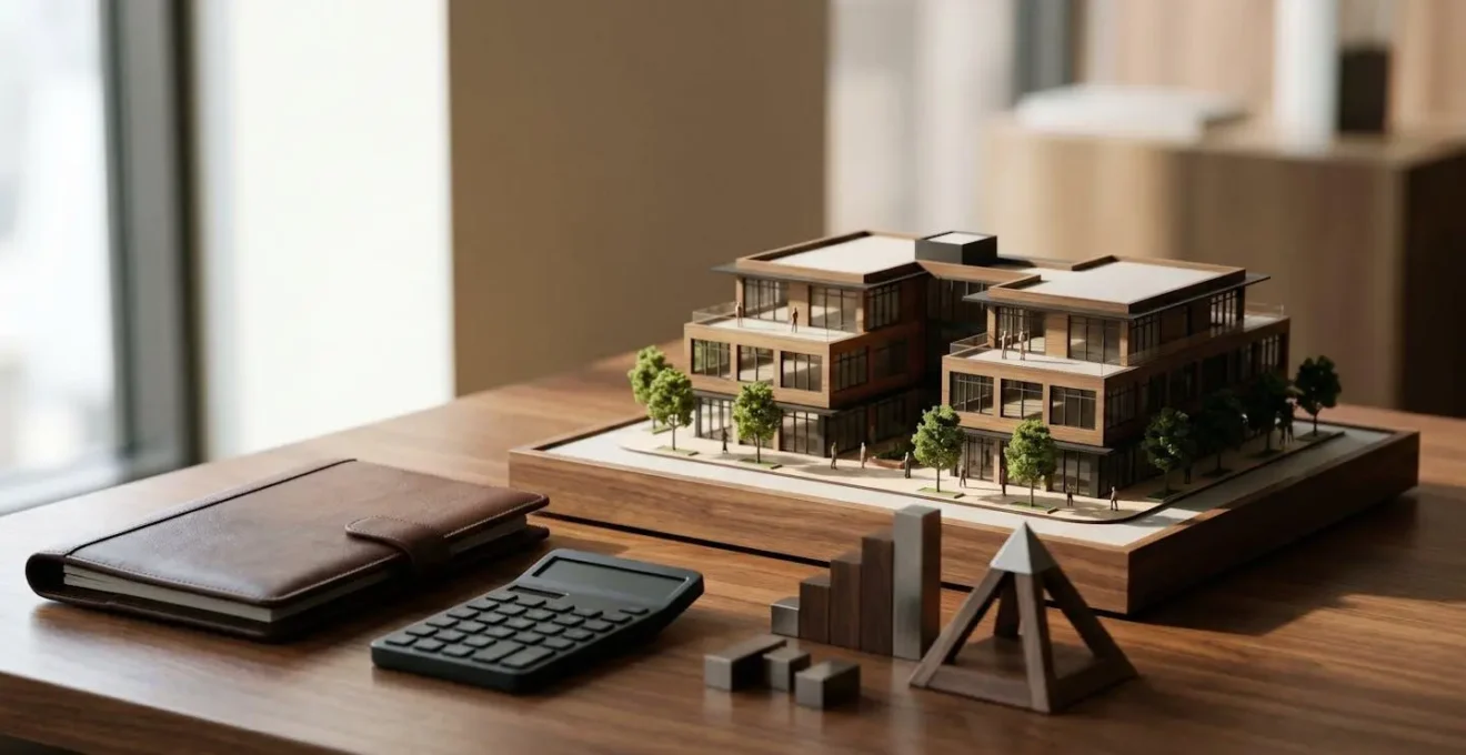 Professional financial analysis scene showing commercial real estate loan evaluation