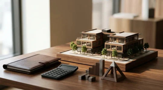 Professional financial analysis scene showing commercial real estate loan evaluation