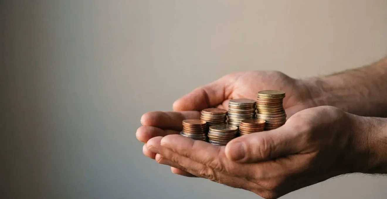 Hands protecting stacked coins symbolizing emergency fund growth against inflation with soft natural lighting