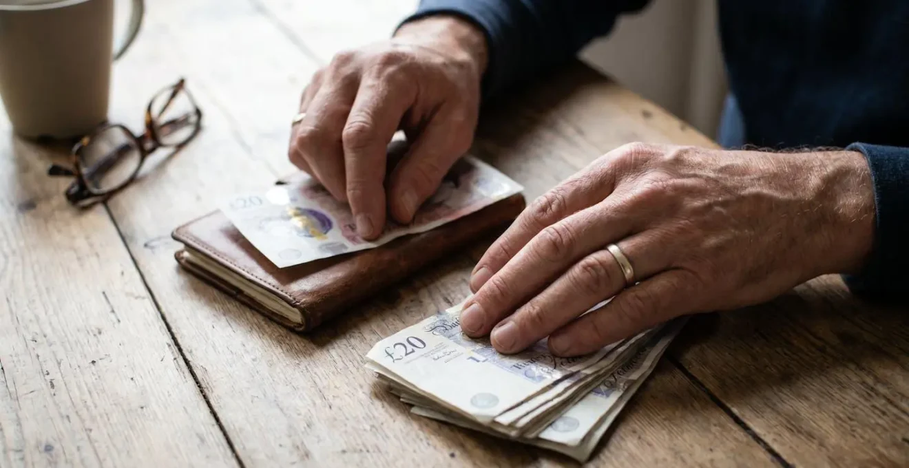 Close-up of hands organizing financial documents and British pound notes representing emergency fund planning during UK cost of living crisis