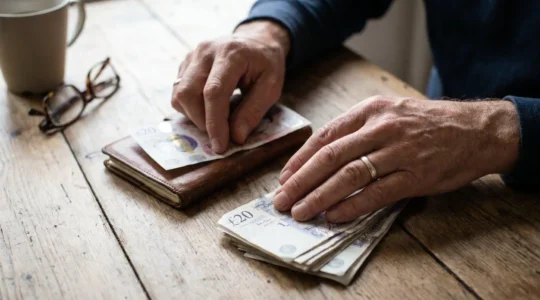 Close-up of hands organizing financial documents and British pound notes representing emergency fund planning during UK cost of living crisis