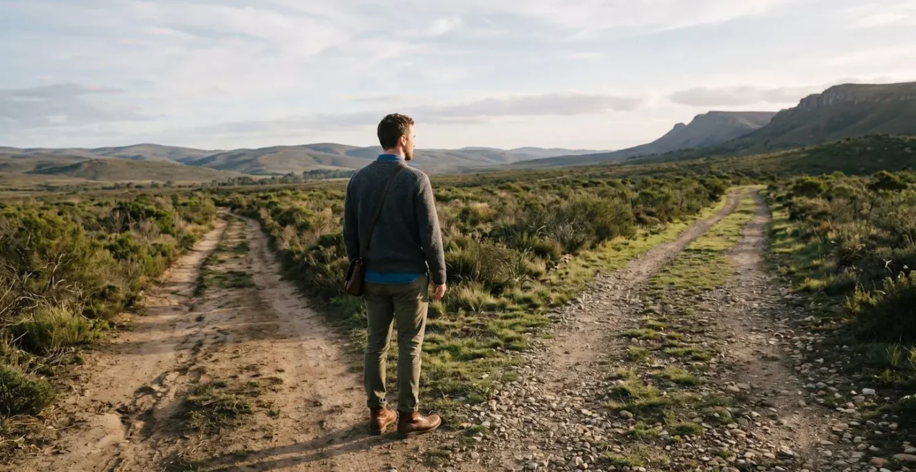 A person standing at a crossroads in a minimalist landscape with two diverging paths representing life choices during mid-life transformation