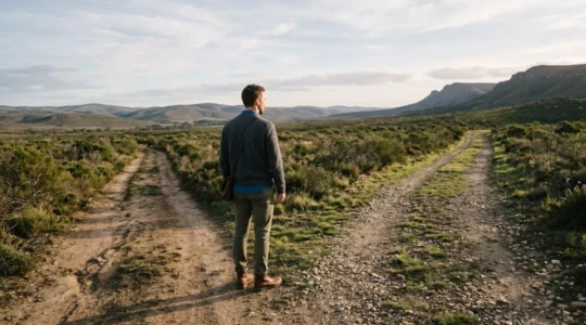 A person standing at a crossroads in a minimalist landscape with two diverging paths representing life choices during mid-life transformation