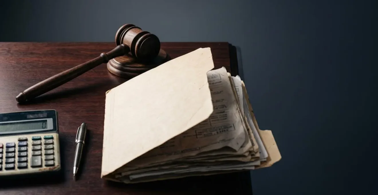 Auction gavel beside concealed legal document with dramatic shadowing revealing hidden costs