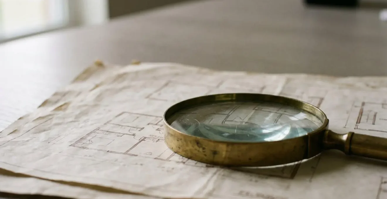 Close-up of analytical tools examining UK residential property details with natural lighting and strategic negative space