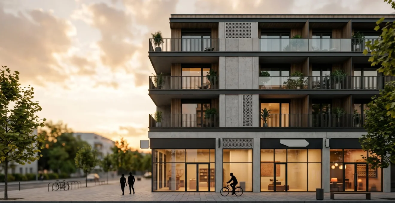 Modern urban mixed-use building showcasing commercial and residential integration for higher investment yields