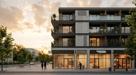 Modern urban mixed-use building showcasing commercial and residential integration for higher investment yields