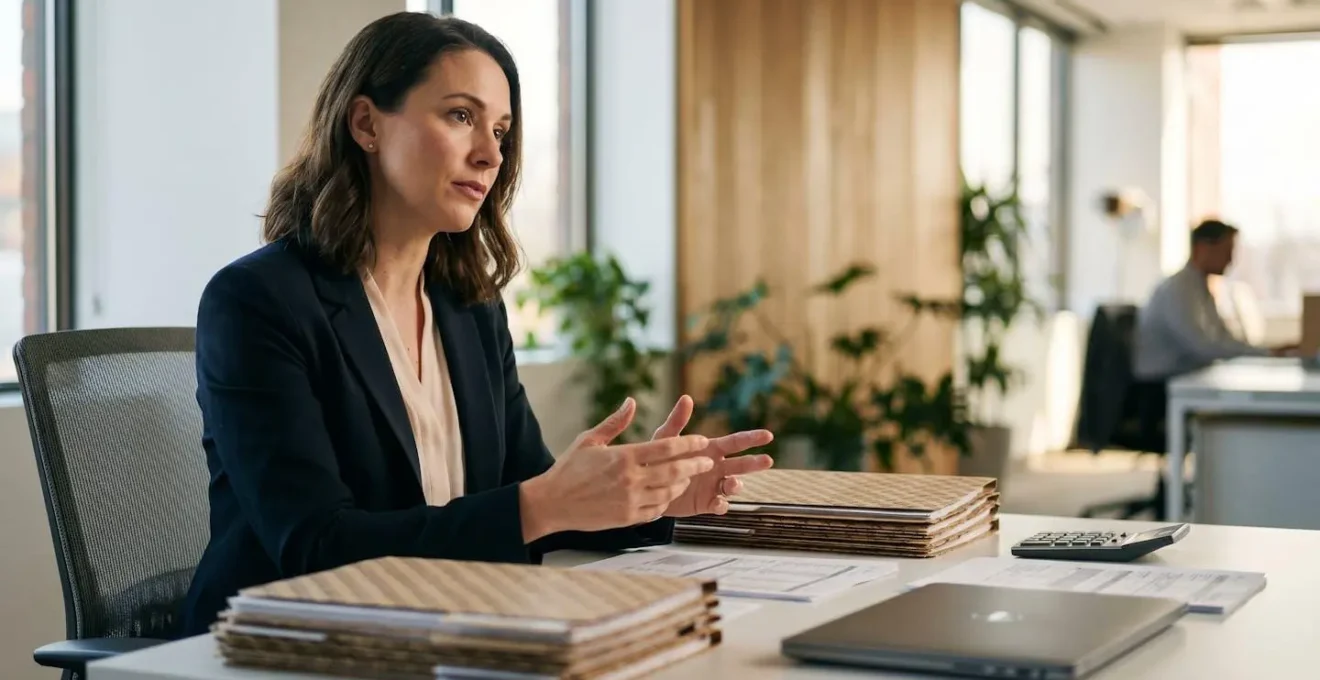 Professional mortgage underwriter analyzing financial documents at desk in modern office setting