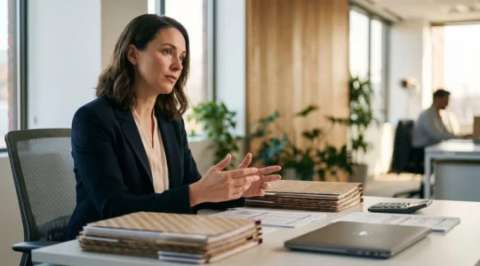 Professional mortgage underwriter analyzing financial documents at desk in modern office setting