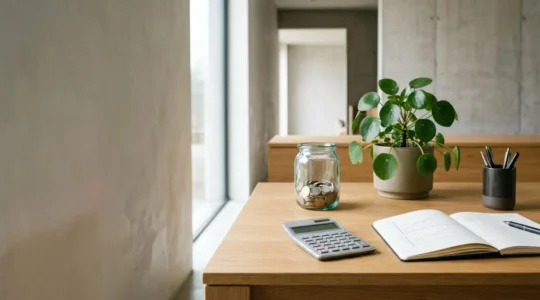 Strategic financial planning workspace with minimalist composition showing growth charts and protective assets during economic uncertainty