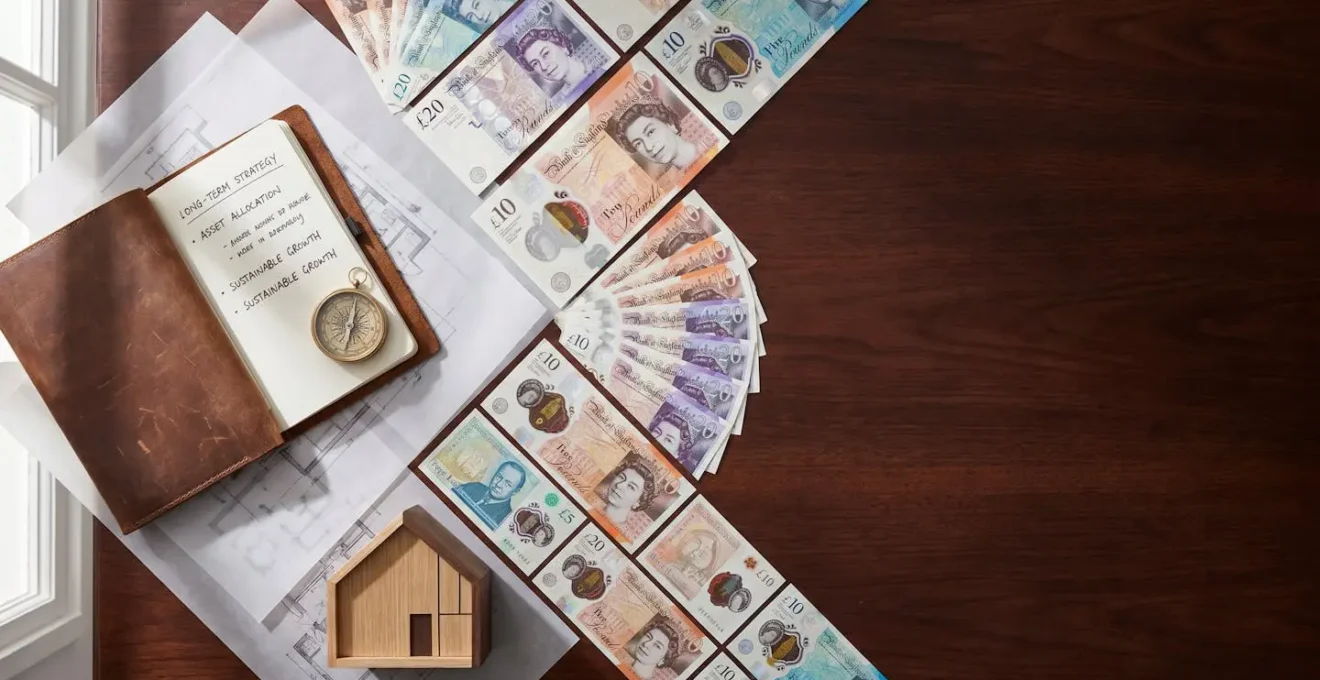 Professional workspace showcasing strategic financial planning for property investment with British currency and architectural elements
