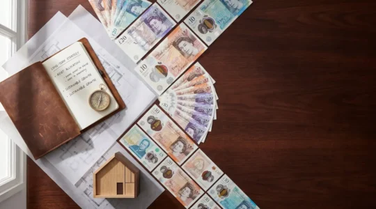 Professional workspace showcasing strategic financial planning for property investment with British currency and architectural elements