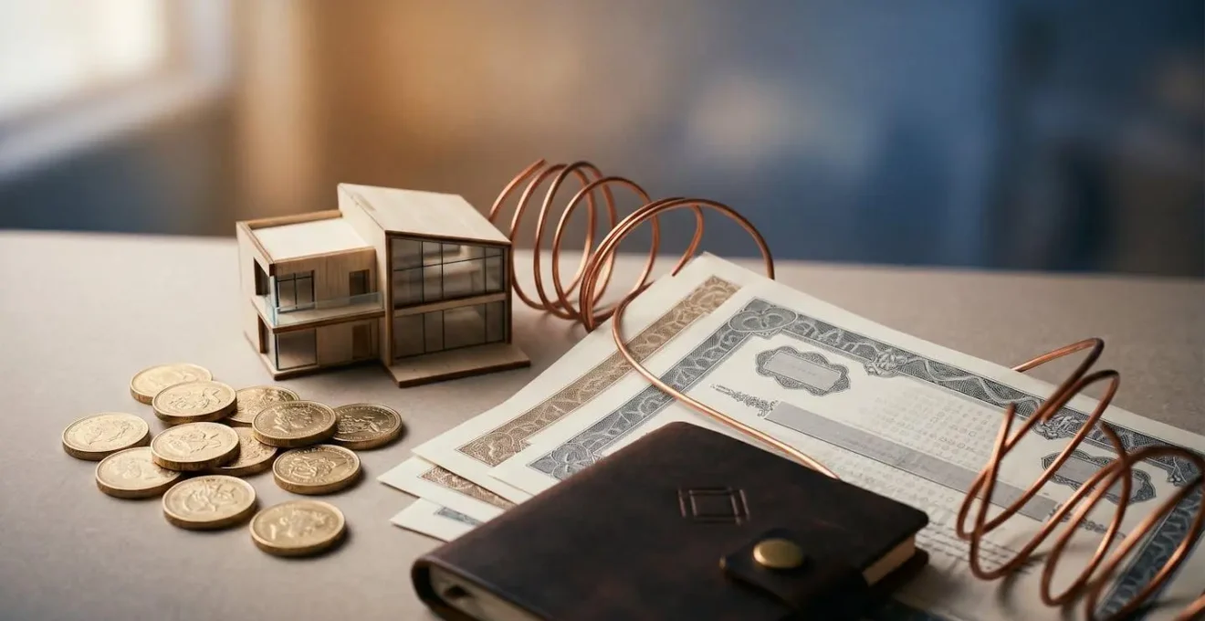 Editorial photograph of diverse tangible assets representing inflation hedges in UK investment strategy