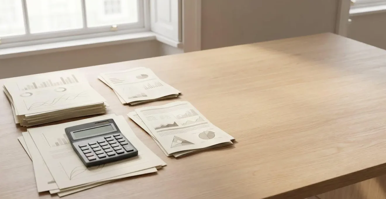Professional financial assessment scene showing organized mortgage documents and calculator on desk