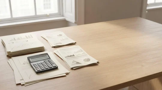 Professional financial assessment scene showing organized mortgage documents and calculator on desk