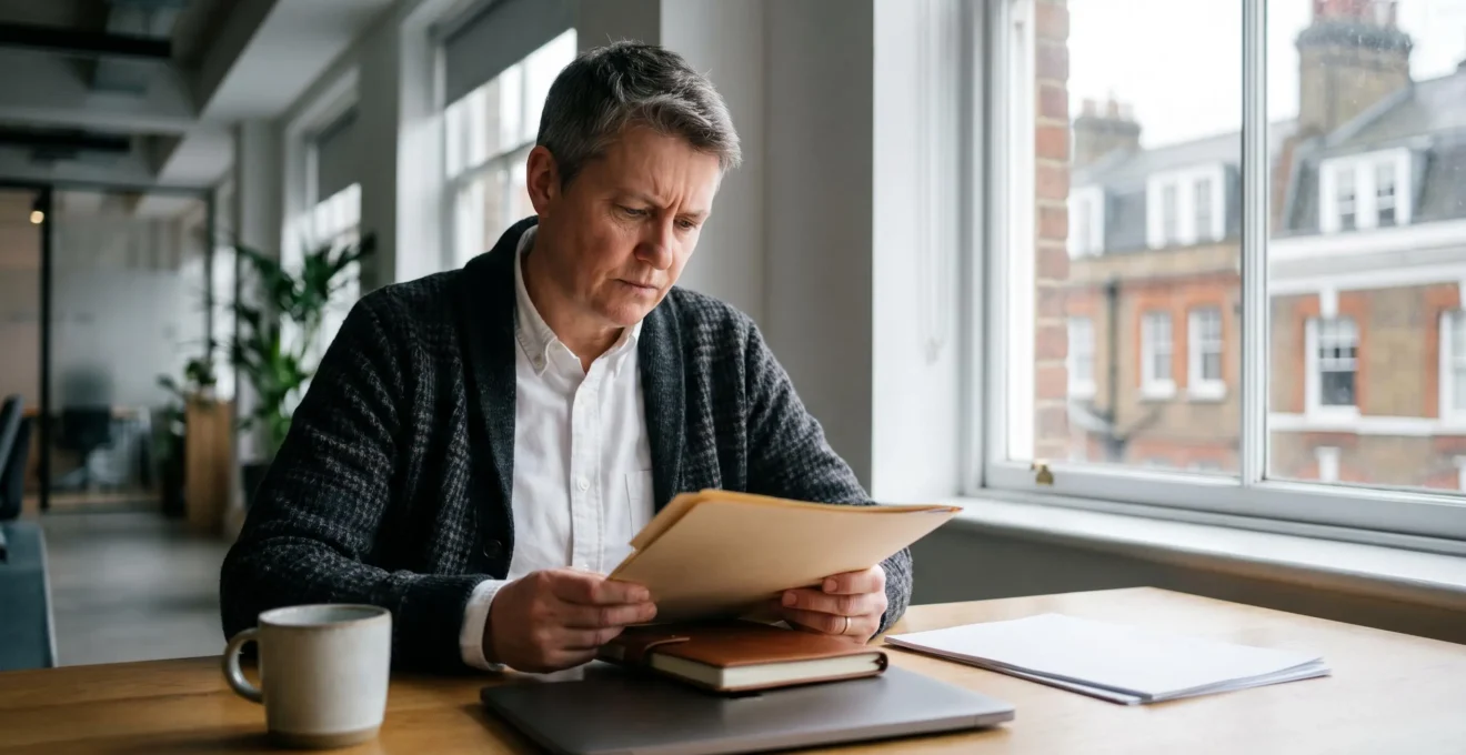 British entrepreneur reviewing financial documents in modern office with natural light