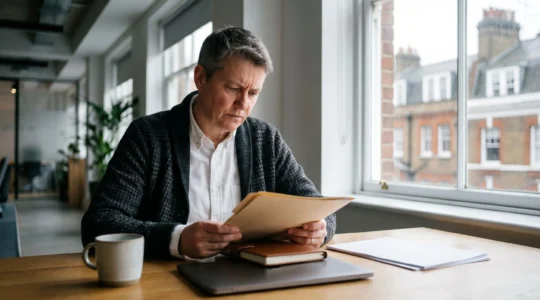 British entrepreneur reviewing financial documents in modern office with natural light